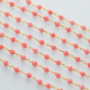 Łańcuch srebrny AG925 pozłacany z różowym koralem  3mm