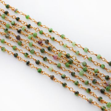 Srebrny łańcuch z zoisytem i rubinem mix pozłacany AG925 2mm