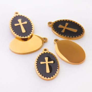 Zawieszka emaliowana owal ze stali chirurgicznej w kolorze złotym krzyż czarny 17,7mm