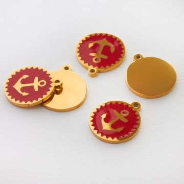 Zawieszka emaliowana kółko ze stali chirurgicznej w kolorze złotym kotwica czerwona 13mm