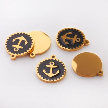 Zawieszka emaliowana kółko ze stali chirurgicznej w kolorze złotym kotwica czarna 13mm