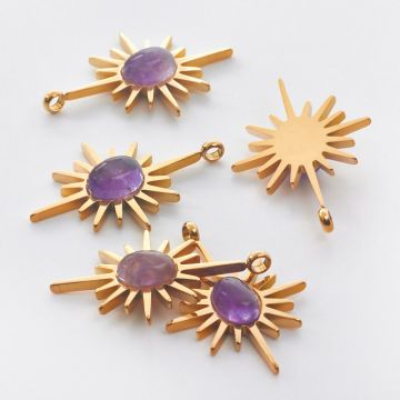 Zawieszka ze stali chirurgicznej słońce z ametystem w kolorze złotym 30mm