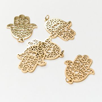 Zawieszka ze stali chirurgicznej ręka fatimy ażurowa do naszyjników w kolorze złotym 26mm PVD