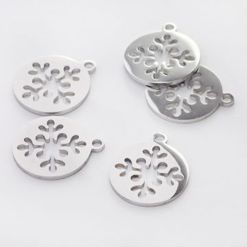 Zawieszka ze stali chirurgicznej kwiatek w kółku w kolorze srebrnym 15mm