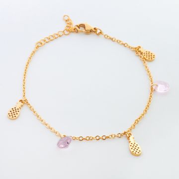 Bransoletka ze stali chirurgicznej ananas z różową cyrkonią w kolorze złotym 19,5cm Bransoletka ze stali chirurgicznej ananas z różową cyrkonią w kolorze złotym 19,5cm