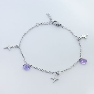 Bransoletka ze stali chirurgicznej linia życia z fioletową cyrkonią w kolorze srebrnym 19,5cm