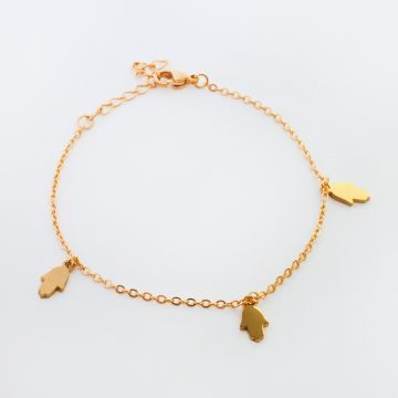 Bransoletka ze stali chirurgicznej z trzema zawieszkami ręka Fatimy w kolorze złotym 19,5cm Bransoletka ze stali chirurgicznej z trzema zawieszkami ręka Fatimy w kolorze złotym 19,5cm