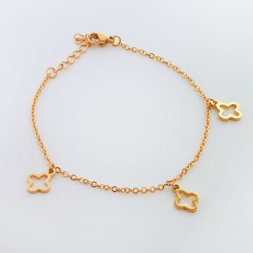 Bransoletka ze stali chirurgicznej z trzema zawieszkami kwiatami w kolorze złotym 19,5cm Bransoletka ze stali chirurgicznej z trzema zawieszkami kwiatami w kolorze złotym 19,5cm