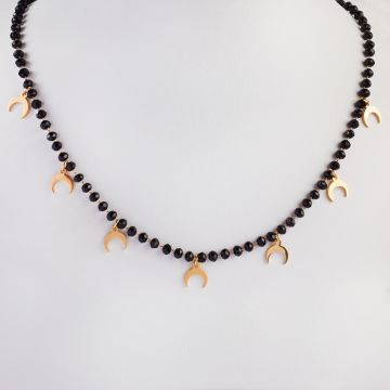 Naszyjnik ze stali chirurgicznej z księżycami i czarnymi kryształami w kolorze złotym 46,5cm