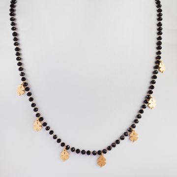 Naszyjnik ze stali chirurgicznej z koniczynkami i czarnymi kryształami w kolorze złotym 46,5cm