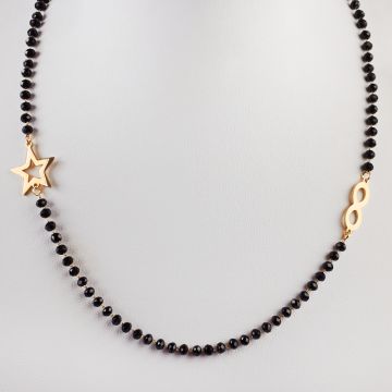 Naszyjnik ze stali chirurgicznej z nieskończonością, gwiazdką i czarnymi kryształami w kolorze złotym 46,5cm Naszyjnik ze stali chirurgicznej z nieskończonością, gwiazdką i czarnymi kryształami w kolorze złotym 46,5cm