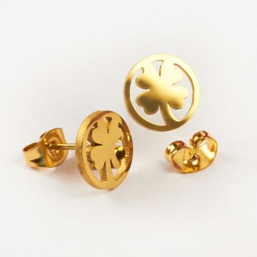 Kolczyki ze stali chirurgicznej koniczynka w kółku w kolorze złotym 9,5mm