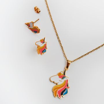Zestaw dziecięcy naszyjnik z kolczykami ze stali chirurgicznej jednorożec w kolorze złotym 45cm