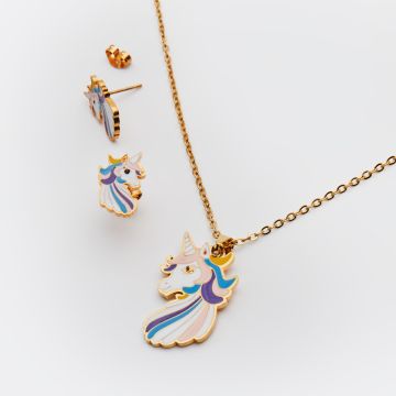 Zestaw dziecięcy naszyjnik z kolczykami ze stali chirurgicznej jednorożec w kolorze złotym 45cm