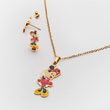 Zestaw dziecięcy naszyjnik z kolczykami ze stali chirurgicznej Myszka Minnie w kolorze złotym 45cm