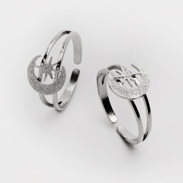 Pierścionek regulowany ze stali chirurgicznej z księzycem i gwiazdą w kolorze srebrnym 20mm