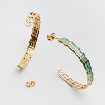 Kolczyki ze stali chirurgicznej koło ozdobne z turkusową emalią w kolorze złotym 40mm PVD