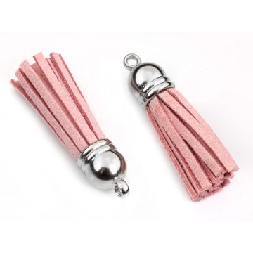 Chwost z rzemienia zamszowego w srebrnym okuciu brudny róż 4cm