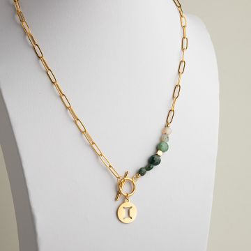 Naszyjnik ze stali chirurgicznej z agatem indyjskim i zawieszką zodiakalną Bliźnięta