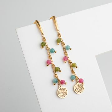 Kolczyki ze stali chirurgicznej z kamieniami naturalnymi i zawieszką drzewo rodziny