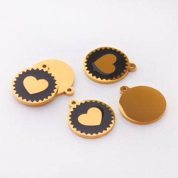 Zawieszka emaliowana kółko ze stali chirurgicznej w kolorze złotym serce czarne 13mm