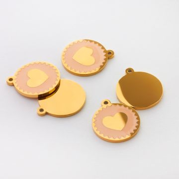 Zawieszka emaliowana kółko ze stali chirurgicznej w kolorze złotym serce brzoskwiniowe 13mm