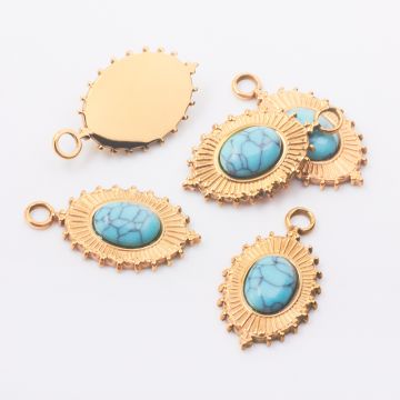 Zawieszka owal ze stali chirurgicznej z niebieskim howlitem w kolorze złotym 18mm