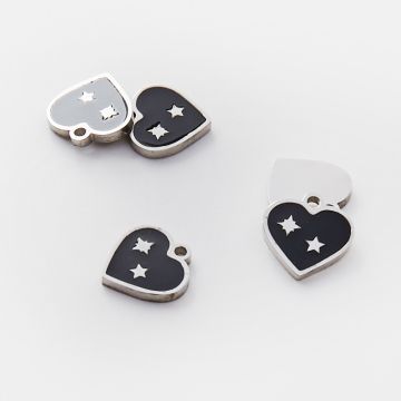 Emaliowana zawieszka ze stali chirurgicznej serce z gwiazdkami czarnymi  w kolorze srebrnym 10mm