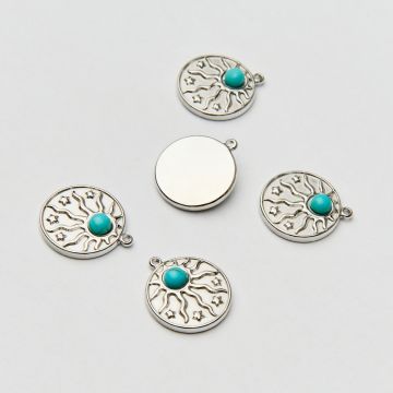 Zawieszka ze stali chirurgicznej słońce z turkusem w kolorze srebrnym 15mm