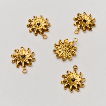 Zawieszka ze stali chirurgicznej kwiatek z czarną cyrkonią w kolorze złotym 12mm PVD