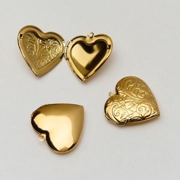 Zawieszka ze stali chirurgicznej sekretnik duże serce rzeźbione w kolorze złotym 29mm PVD