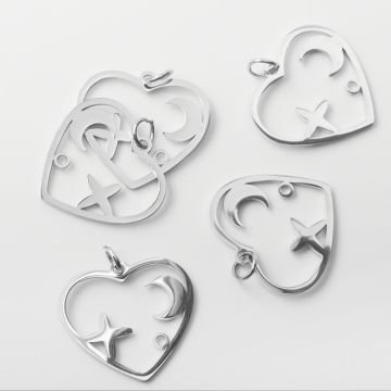 Zawieszka ze stali chirurgicznej serce z księżycem i gwiazdą w kolorze srebrnym 19mm