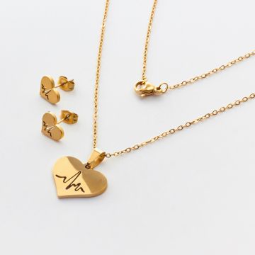 Komplet biżuterii ze stali chirurgicznej z kolczykami serce z linią życia w kolorze złotym 45cm
