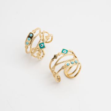 Pierścionek regulowany ze stali chirurgicznej z niebieskim oczkiem w kolorze złotym 19,5mm PVD