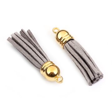 Chwost z rzemienia zamszowego w złotym okuciu jasno szary