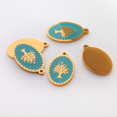 Zawieszka emaliowana owal ze stali chirurgicznej w kolorze złotym drzewo rodziny turkusowe 17,7mm