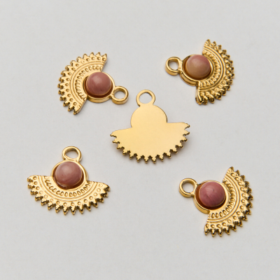 Zawieszka ze stali chirurgicznej wachlarz z rodonitem w kolorze złotym 17mm PVD