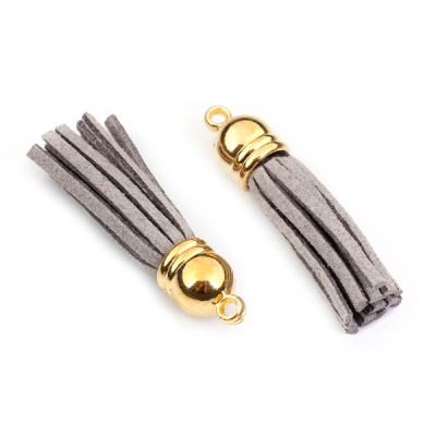 Chwost z rzemienia zamszowego w złotym okuciu jasno szary